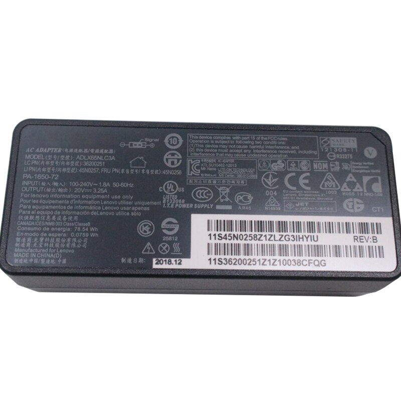 Adaptador de CA para portátil, Cable de puerto conector de cargador de CC para Lenovo ADLX65NDC3A, ADLX65NCC3A/36200611, ADLX65NLC3A, ADLX65NLC2A, PA-1650-72