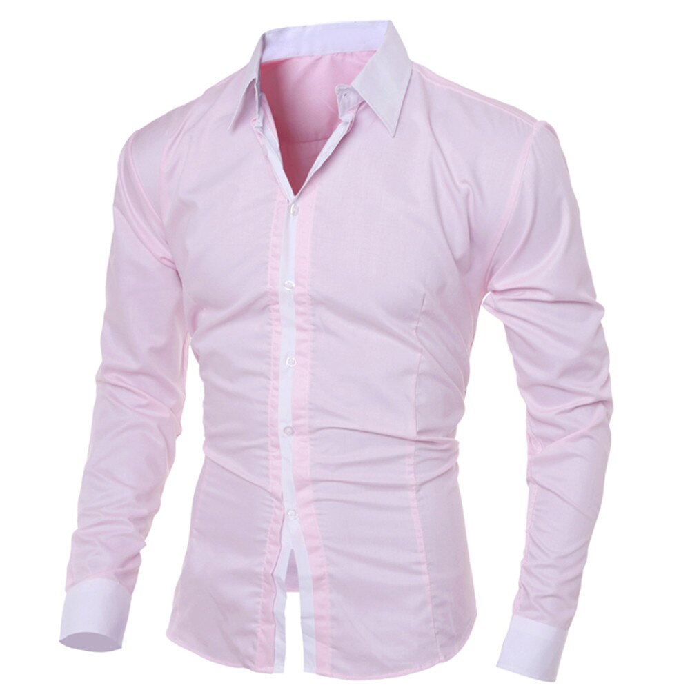 Camisa de manga larga ajustada para hombre, Camisa Masculina de , informal, a la , con botones: Rosa / M
