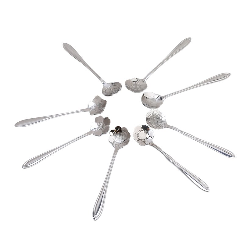 8 unids/set flores de cerezo de acero inoxidable té cuchara de café cucharaditas de hielo crema de azúcar cubiertos oro cocina vajilla
