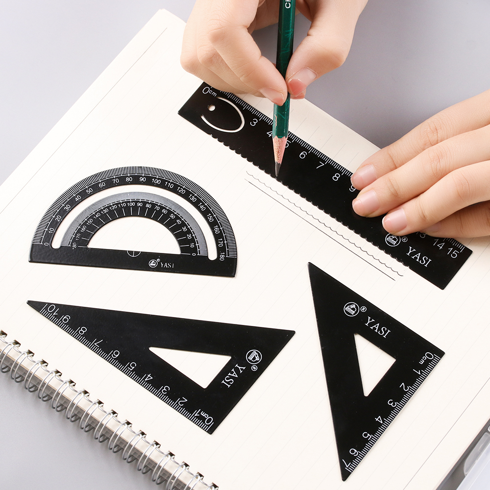 Règle de dessin d'alliage d'aluminium de 4 pièces/ensemble mesurant la règle de Triangle de géométrie étudiants avec la règle de mesure de rapporteur de plaque de Triangle