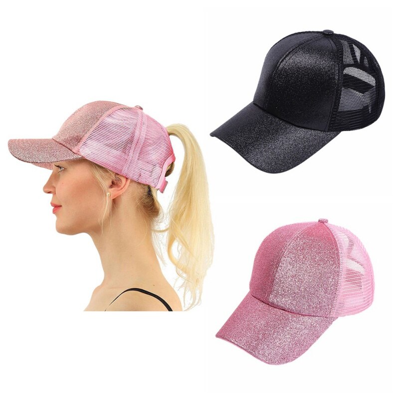 Sommer rodet bun mesh hatte justerbare sport hætter løb cap kvinder mænd bling sequin snapback hat