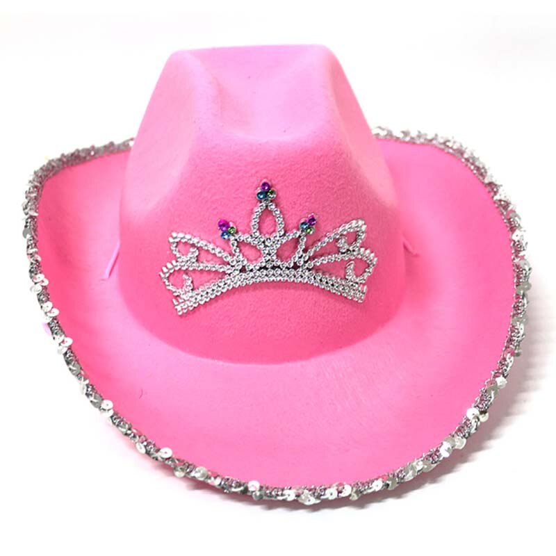 Sombrero vaquero rosado de estilo occidental para mujer y niña, Tiara de fieltro, gorro de princesa de Rodeo, gorra de vaquera para , accesorios de disfraz: 4