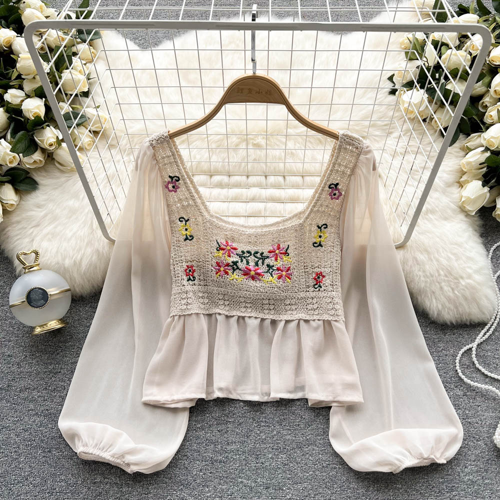 2022 Spring Summer Temperament Womens Tops And Blouses Square Neck Long Sleeve Chiffon Hollow Embroidery Ladies Polo Shirts: 2