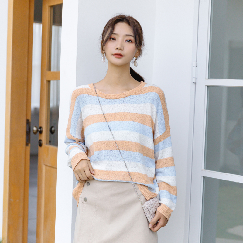 Koreansk stil dam tröja höst lat regnbåge randig lös söt tröja långärmad stickad tröja dam rund hals dam: Blå