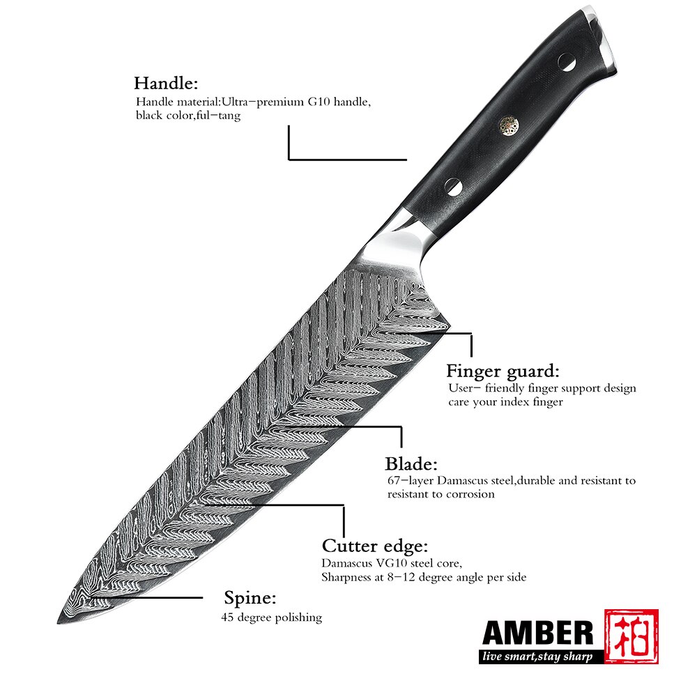 AMBER AUS-10 Black G10 Handle Ladder Pattern Damascus Knife 67 layers Damascus Steel 8 inch Kitchen Chef Knife