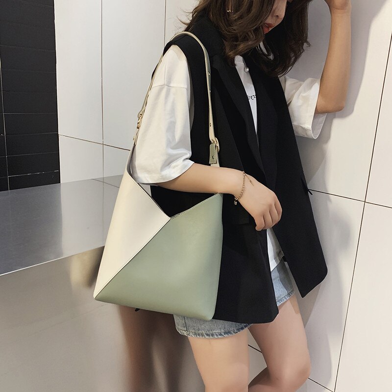 ladies stitching contrast color PU leather bucket bag summer messenger bag ladies shoulder bag female travel handbag