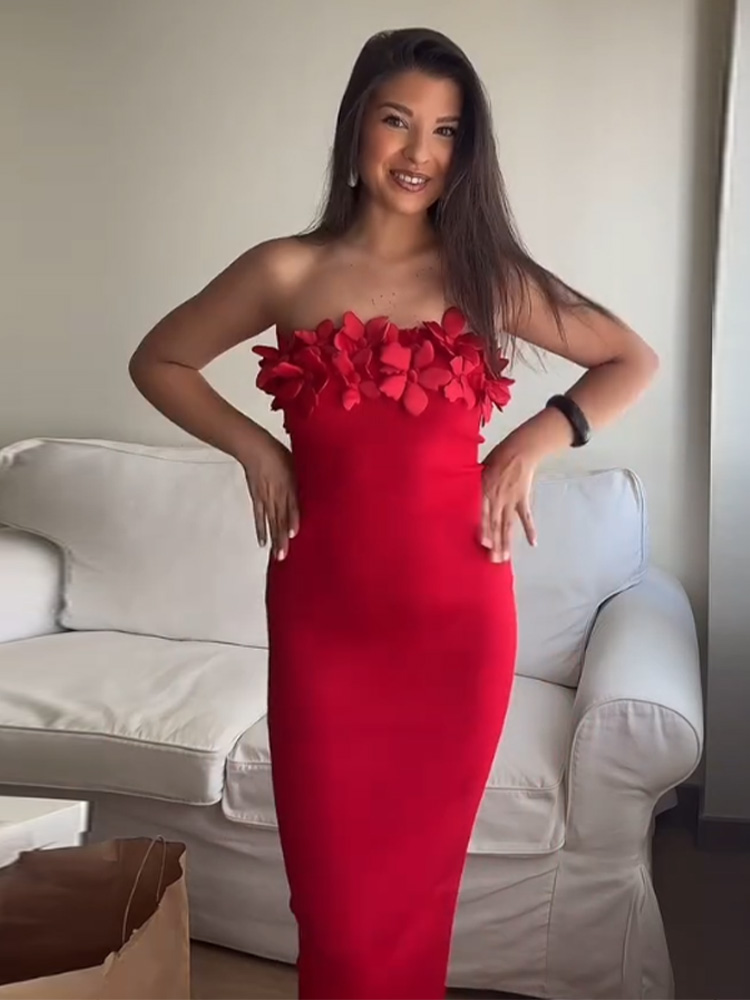 Strapless 3D Bloem Vrouwen Jurk Off Schouder Sexy Backless Slim Fit Satijn Effen Kleur Jurk Gewaden Elegante Wrap Hip Lange Jurken