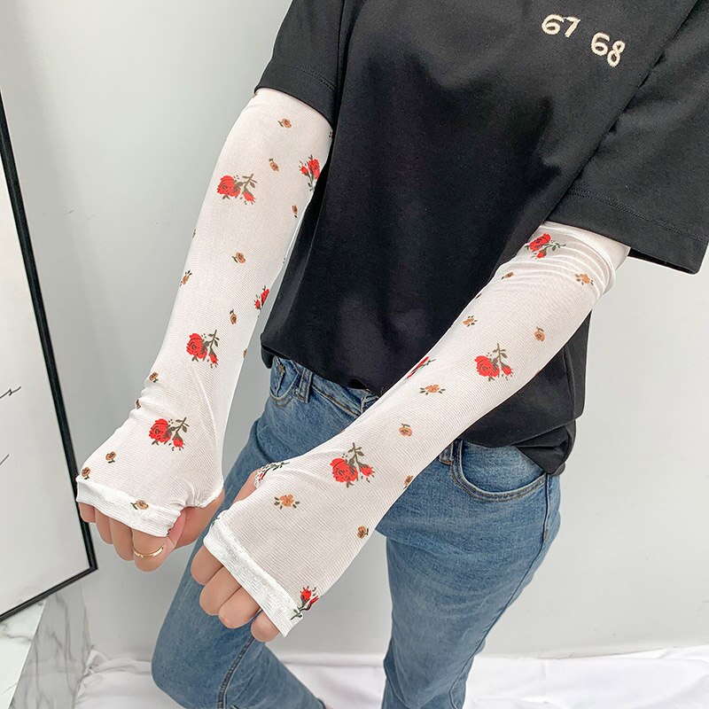 Is silke kold frugt blomster print solhandsker halvfinger fingerløse kørearmvarmere sport solcreme langærmet  c31: 7