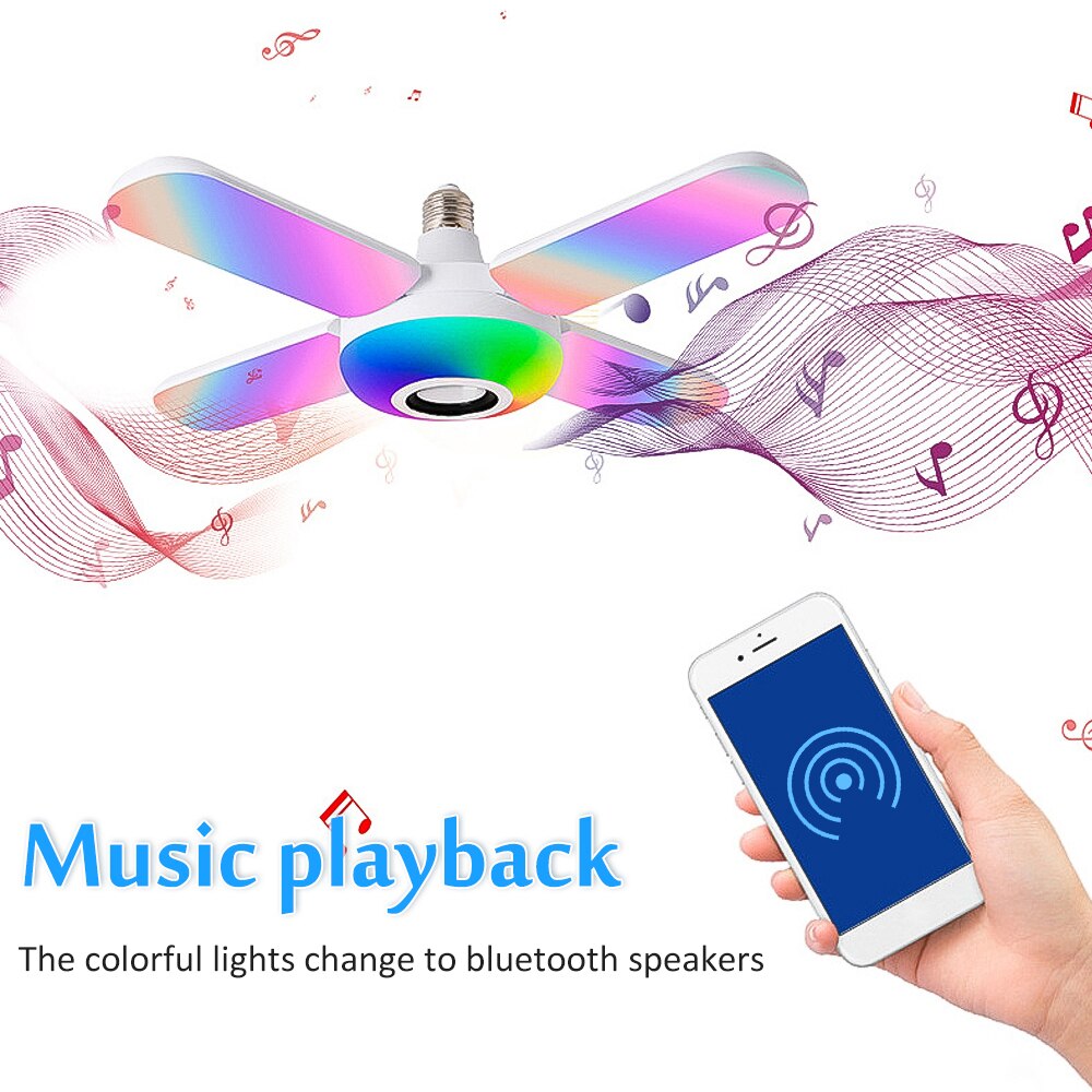 Kleurrijke bluetooth muzieklamp rgb vier bladeren waaiervormig 50w e27 led-lamp met afstandsbediening opvouwbare lamp slimme luidsprekerlamp