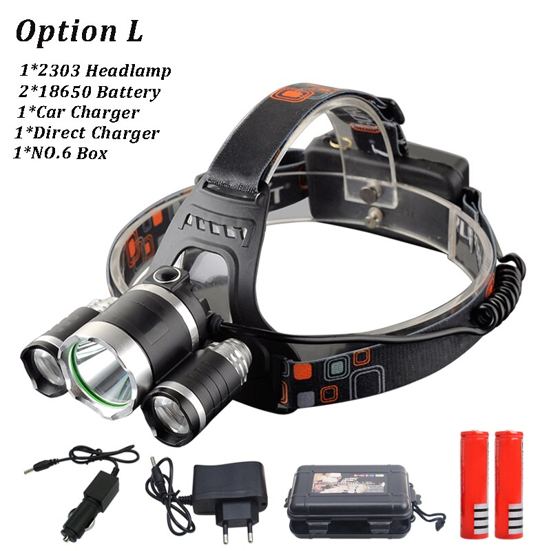 6000 Lumen Koplamp 5 * Led T6 Koplamp 4 Mode Koplamp Oplaadbare Head Lamp Zaklamp + 2*18650 Batterij + Ac/Dc Lader: option L