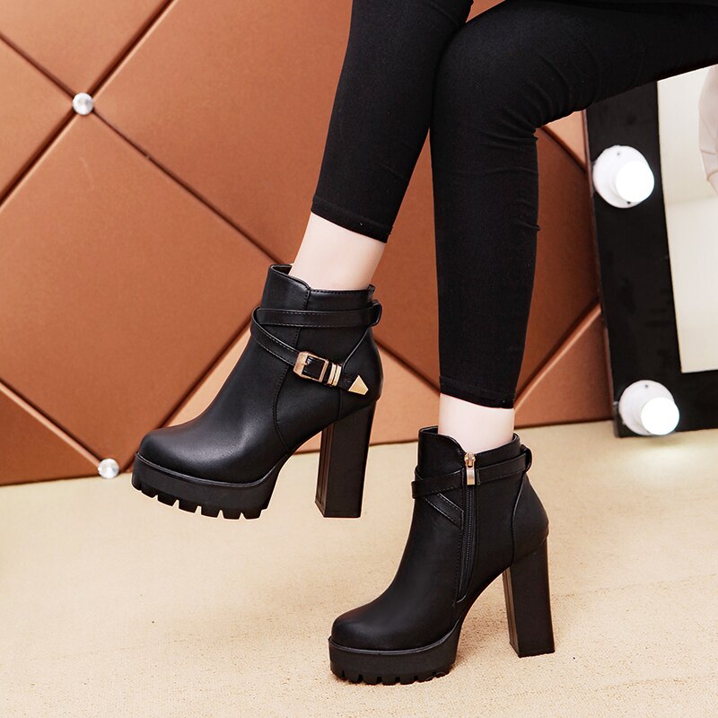 Botines De tacón cuadrado para Mujer, Botas De tacón alto con botones a la , para otoño e invierno, , F90321