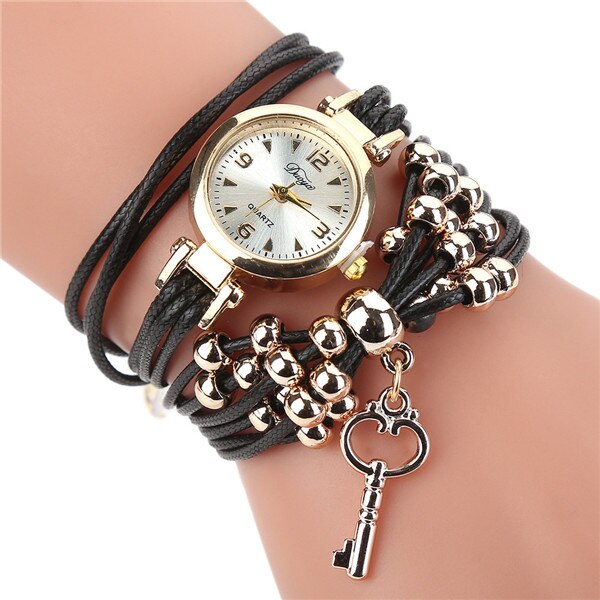 Damearmbåndsur damearmbåndsure lædercirkelbånd guldskive kvarts armbåndsure reloj mujer: Sort