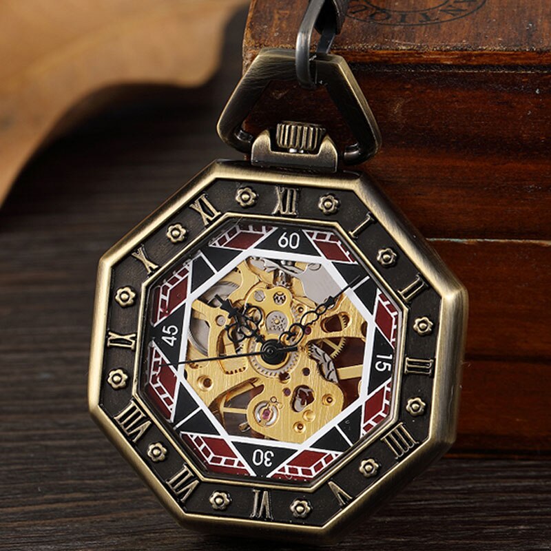 Vintage Brons Octagon Mannen Mechanische Zakhorloge Antieke Mannen Steampunk Romeinse Cijfers Hand Horloge Skeleton Vrouwen Met Ketting Box: bronze