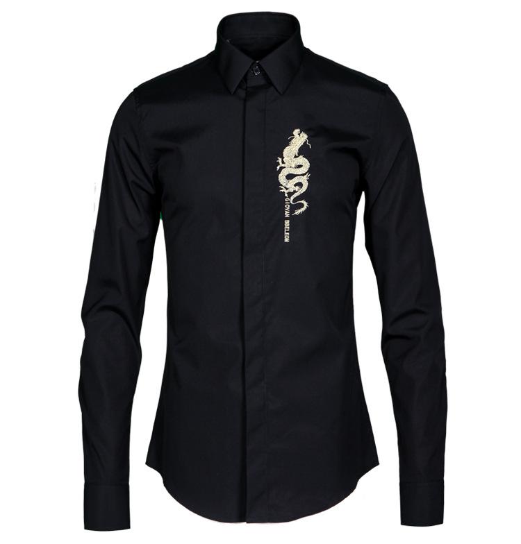 Heren overhemd chemise homme merk goud loong borduur overhemd heren casual lange mouw slim fit heren overhemden plus size 4xl: Zwart / Xl
