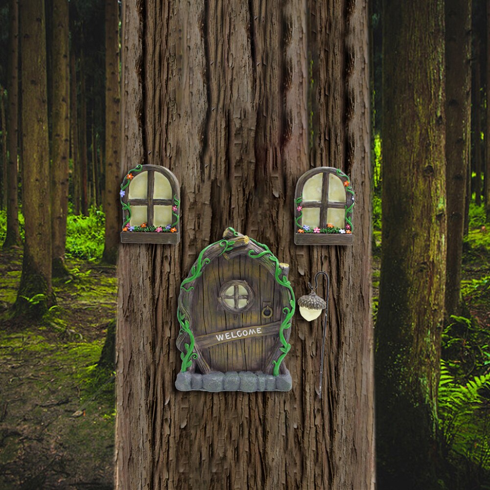 Resin Miniature Fairy Gnome Window Door Elf Garden Sculpture Statues Tree Decor for Yard Art Sculpture Statue Outdoor Decor