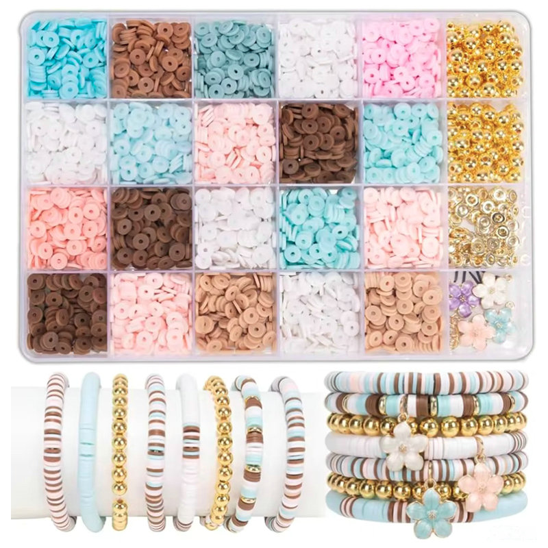 24-kleuren klei kralen armband maken kit platte preppy kralen polymeer klei kralen kit voor vriendschap armbanden maken ambachtelijke DIY: Goud-kleur
