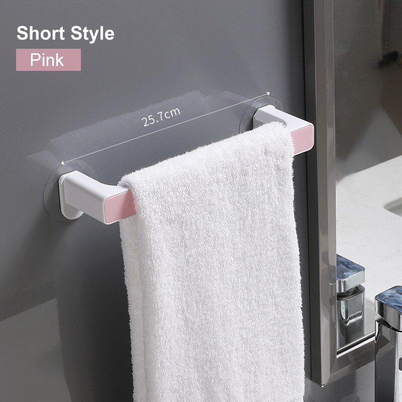 2 størrelse /4 farve plast selvklæbende rack monteret håndklæde bar bøjle hylde hængende krog håndklæde væg holder badeværelse køkken toilet: Lyserød kort stil