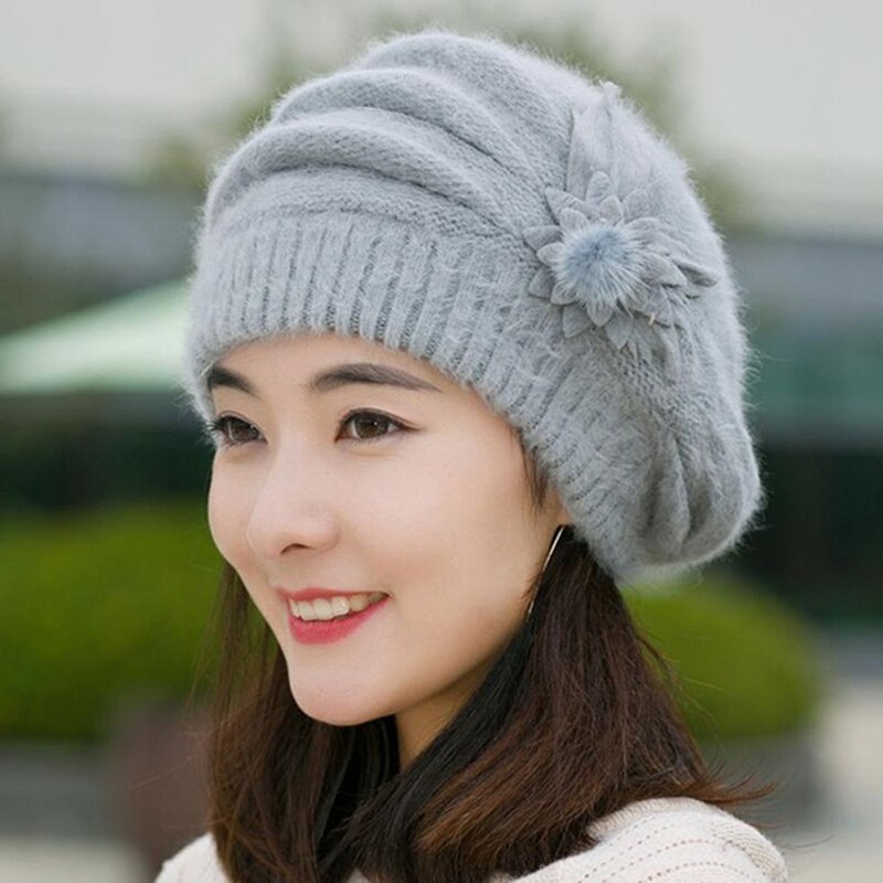 Gorros de esquí y senderismo para mujer, gorros tejidos para niña, gorros para escalada de montaña, gorros de lana de piel, gorros de flores
