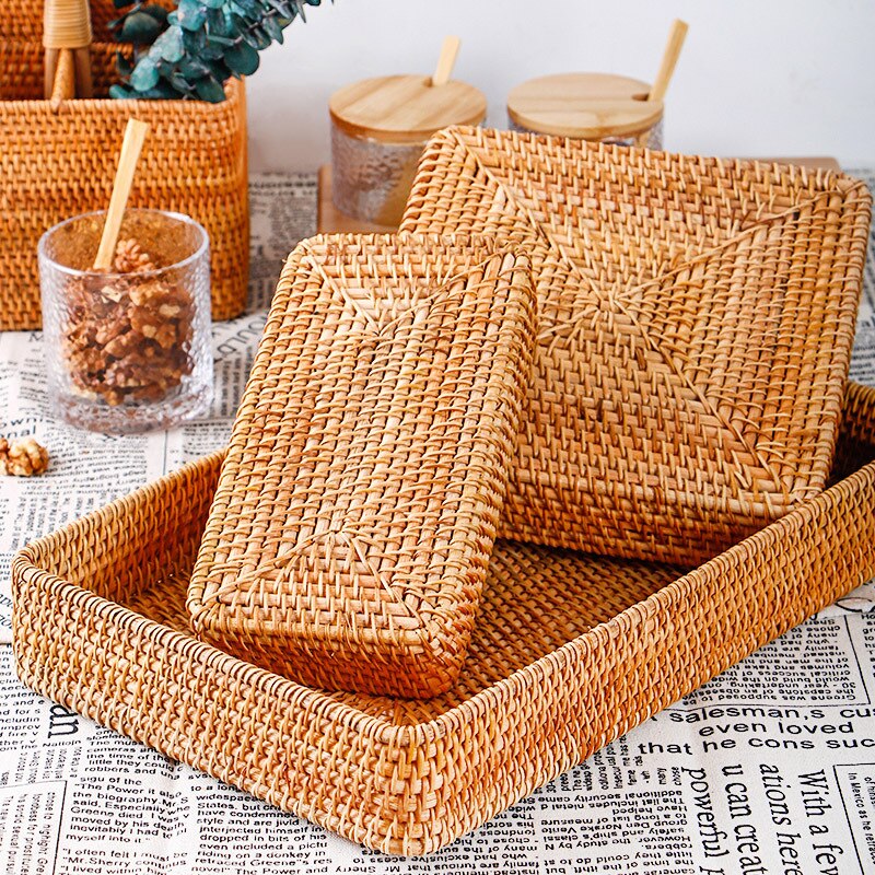 Cesta de ratán hecha a mano para aperitivos, pan, fruta, desayuno, caja de almacenamiento de escritorio, bandeja de postre, cesta de plantas, caja de ratán