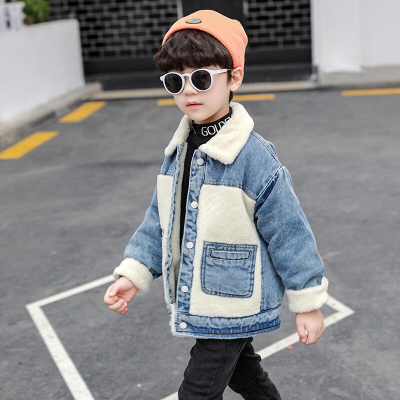 Thick Velvet Kids Winter Jean Coat Autumn Hooded Warm Boys Parkas Drawstring Mid-long Denim Jackets Outerwear