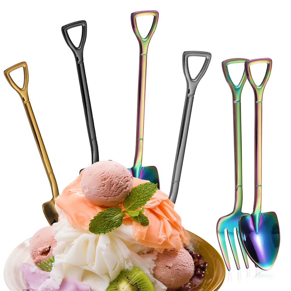 Multi-color Spoon Fork Shovel Shape Ice Cream Spoon&Fork Kitchen Gadget Long Handle Coffee Ice Cream Tool Kitchen Accessories