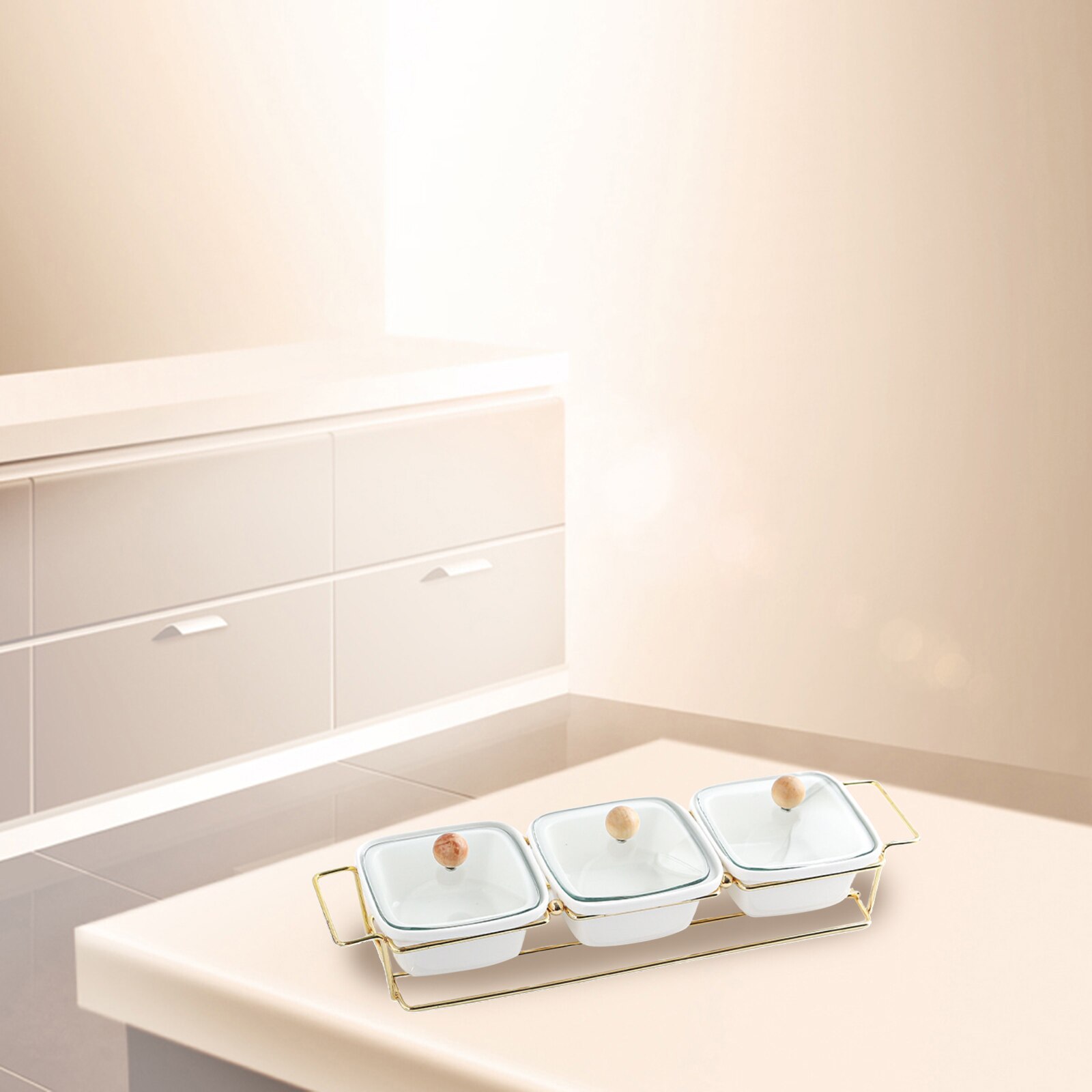 Ceramic Snacks Platter Glass Lid Moisture-proof Serving Bowl Divided Metal Rack for Nuts Candy Desserts: 3 grid white