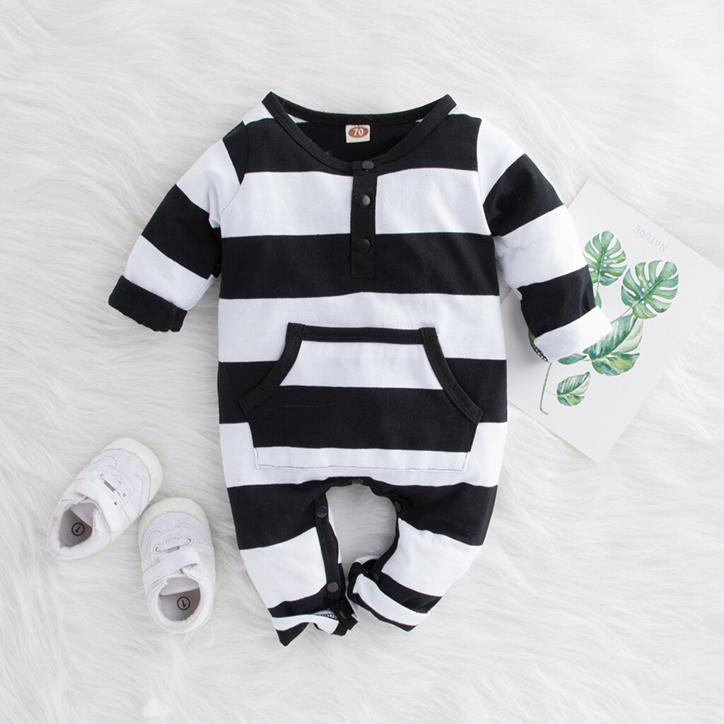 New Baby One Piece Manga Comprida Preto e Branco Listrado Bolso Romper Macacão Preto clássico menino roupas для новорожденных 50 *
