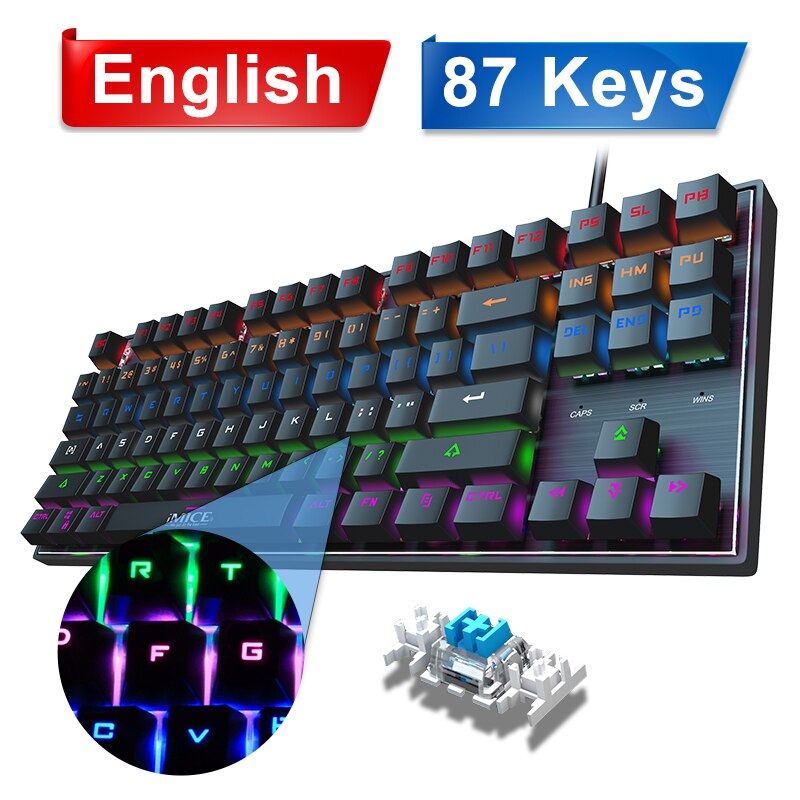 Gaming Keyboard Mechanical Keyboard Backlight RGB Backlit Game Keyboards Russian Keycaps for Gamer PC Computer Gaming Keyboard: 87Keys English