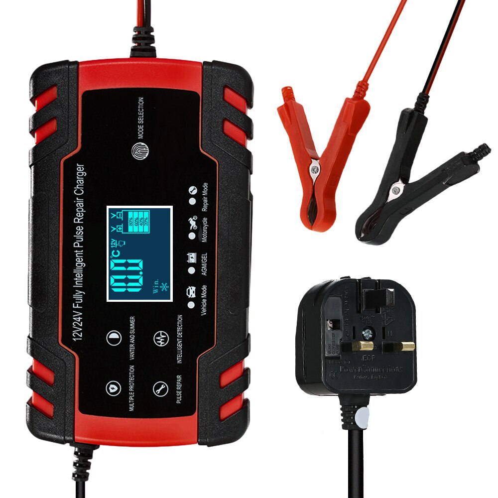 Chargeur de batterie de voiture 12V 8A 24V 4A | Chargeur de batterie intelligent, automatique, 3 étages, affichage LCD, chargeur de batterie à acide plomb humide, AGM GEL: Red UK Plug