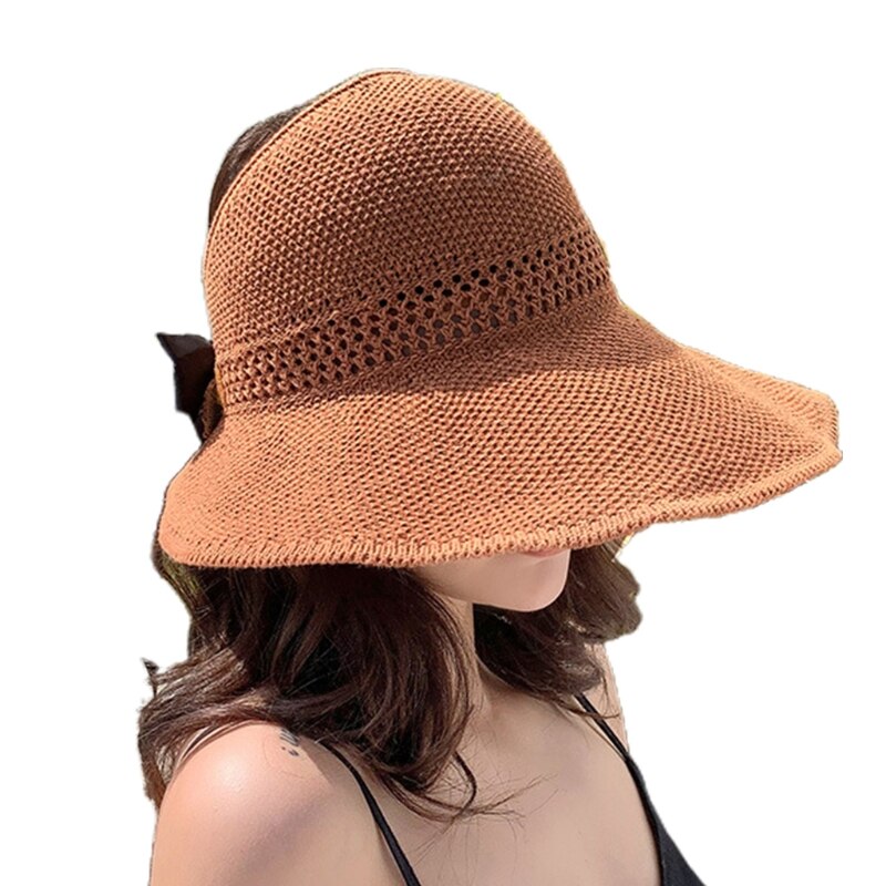 Visera de malla tejida para mujer, gorro de playa con lazo, Top abierto enrollable, ala ancha empaquetable, sombrero de protección solar UV de viaje para verano: Caramel