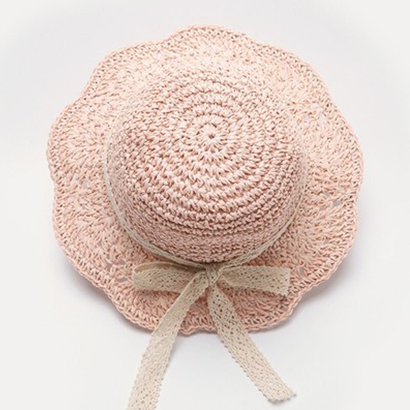 Summer Children&#39;s straw hats Baby girls breathable lace Cap bow Beach Sun Hat Wide brim Kids Princess travel sunshade Hat: pink / S(7-24 Months)