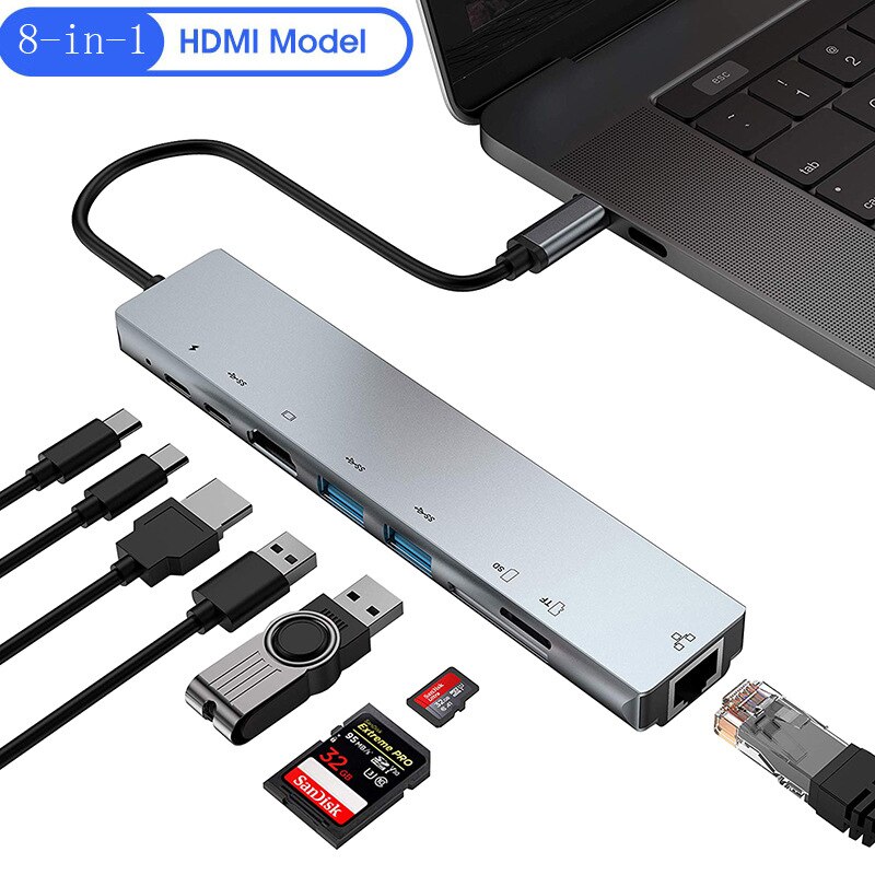 8 -i- 1 usb-c-hub, type-c-splitter, 4k thunderbolt 3- dokkingstasjon, bærbar pc-adapter for macbook air  m1, ipad pro  rj45 , hdmi-datamaskin