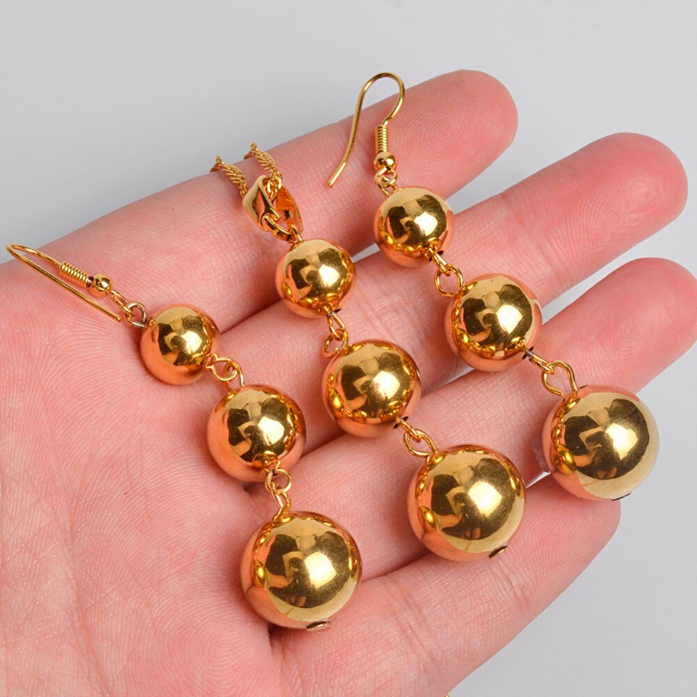 Anniyo – ensemble de bijoux couleur or, 3 boules, pendentif, chaîne, boucles d'oreilles pour femmes, bijoux arabes/africains éthiopiens, #069106