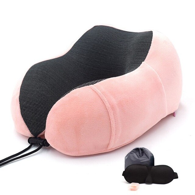 Travel Pillow Memory Foam Neck and Cervical Pillow for Airplane Car Office Napping Pillows U Shape Flight Head Chin Support Cush: Pink Set