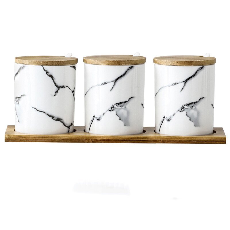 Nordisk marmor mønster keramisk krydderikrukke salt sukker peber shaker krydderipotter køkken spisepindeholder olie opbevaringsflaske rack: Store 3 billeder sæt