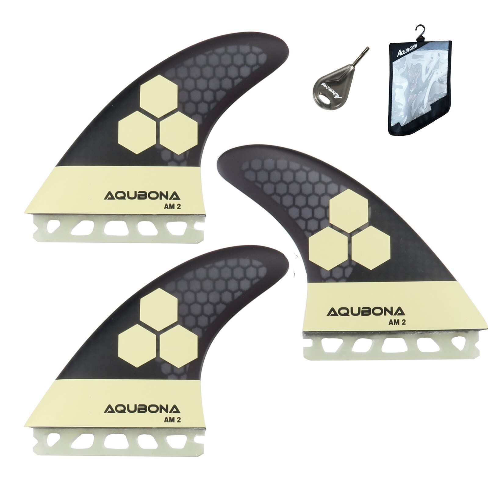 Aletas de fibra de vidrio para tabla de surf, doble pestaña, con bolsa de aleta, llave de aleta (Juegos pequeños, medianos, grandes): blackC-key-bag
