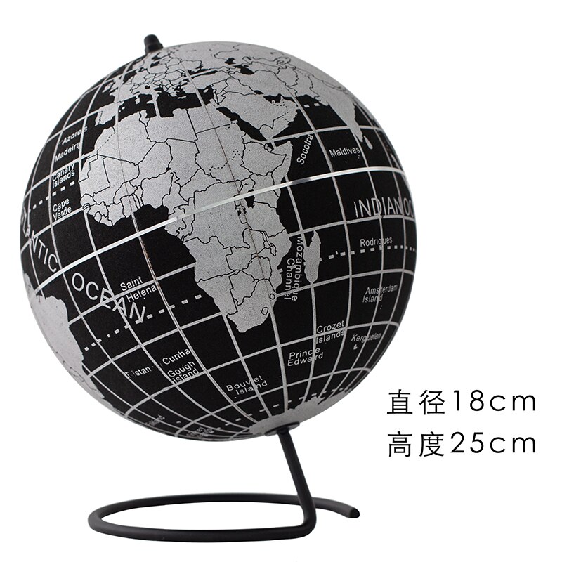 15/18/21/25Cm Engels Kurk Globe Geografie Onderwijs Levert Creatieve Meubels Eenvoudige Decoratie Fotografie Decoratie props: 18cm black silver