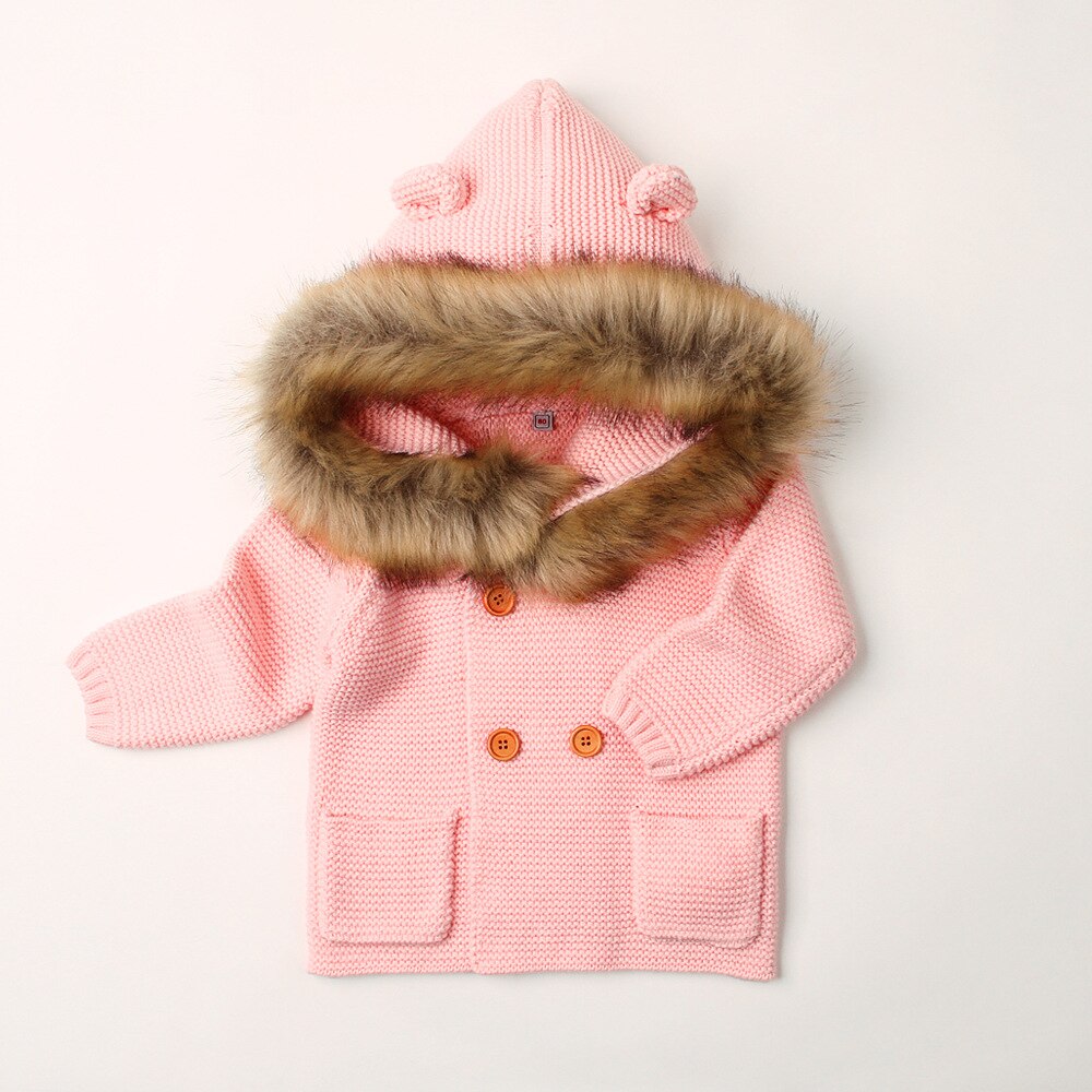 Babykleding kindertruien jongens capuchon bontkraag gebreide jas lange mouwen herfst- en winterjas babymeisje winterjas