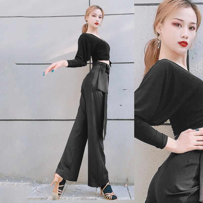 Pantaloni da ballo latino da donna nastri pantaloni a gamba larga pantaloni neri Cha Cha rubinetto abbigliamento da ballo pratica abbigliamento da competizione DNV14134