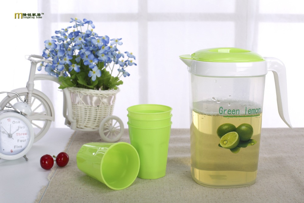 1PC 3 Colors exquisite colorful plastic cold water canisters cool water pot with handle 1pc pot+4pcs cup JH 0722