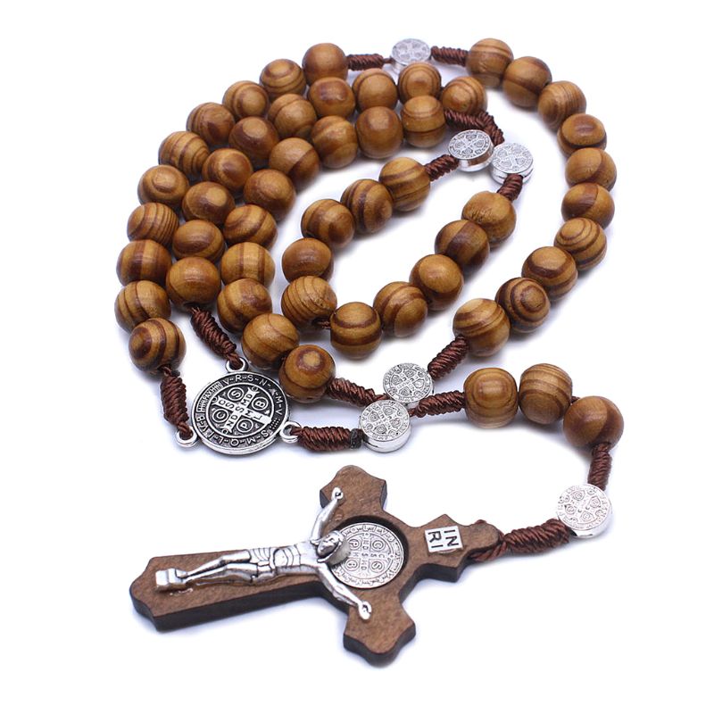 Mode Handgemaakte Ronde Bead Katholieke Rozenkrans Kruis Religieuze Hout Kralen Mannen Ketting Charm