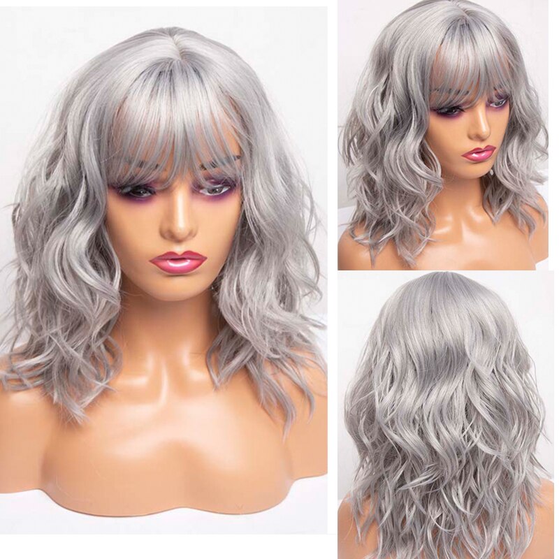 Amir syntetisk blonde krøllete parykker med smell black wave bob parykk for kvinner skulderlangt hår parykker cosplay: Grå