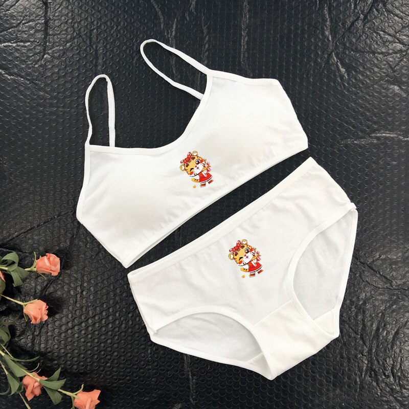 Cotton Girl Solid Color Bra Student Girl Puberty Bra + Panty Suit U-shaped Thin Belt Small Vest Wrap Chest 8-16Y