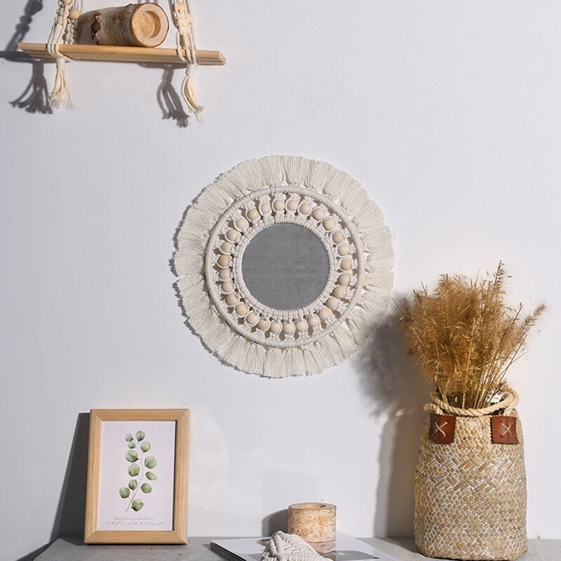 Round Macrame Mirror Wall Hanging Boho Home Decor Decorative Wall Mirrors For Living Room Bedroom Baby Nursery Decor: Grey