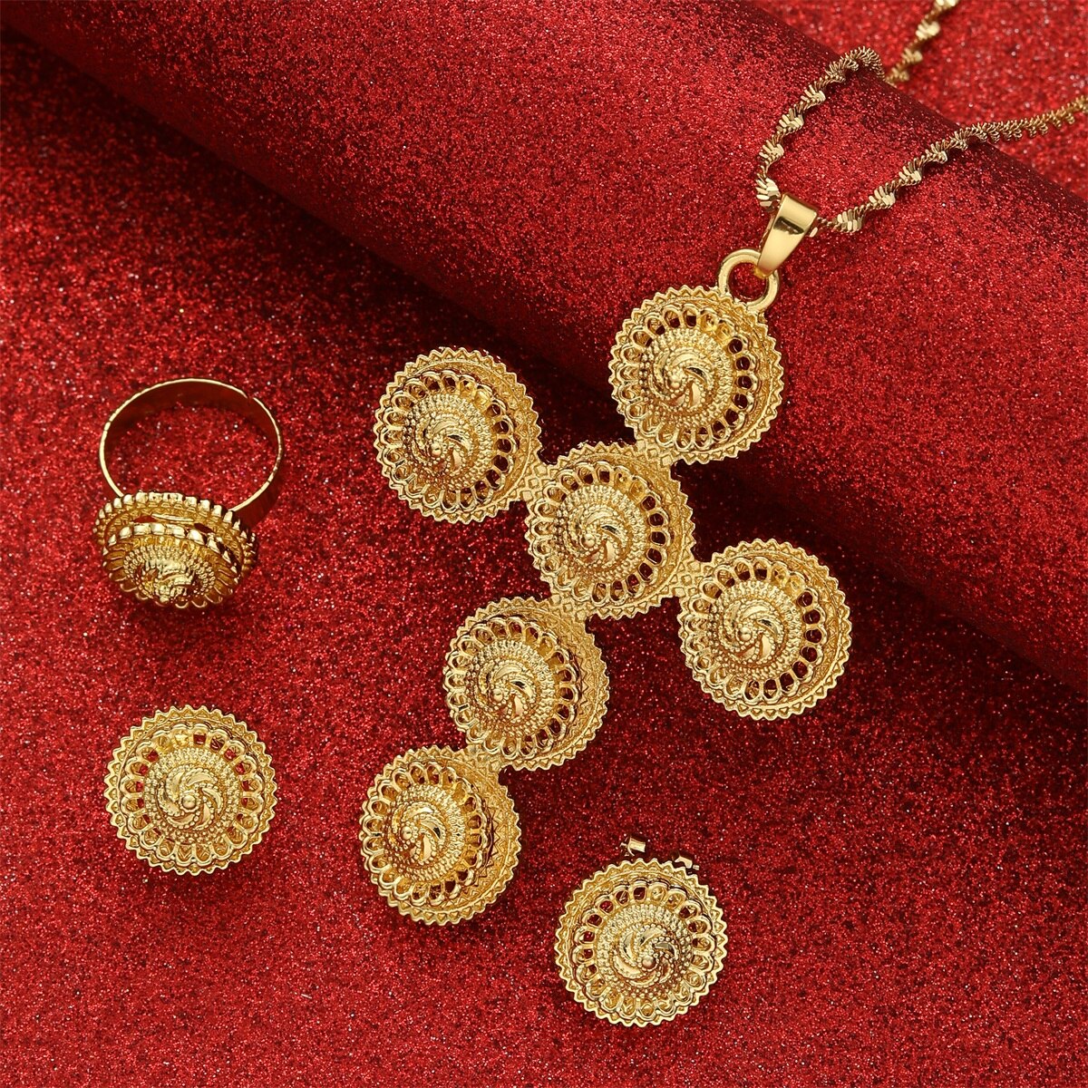 Ethiopische Ketting Oorbellen Ring Afrikaanse Bridal Habesha Eritrea Dubai Bruiloft Sieraden Set