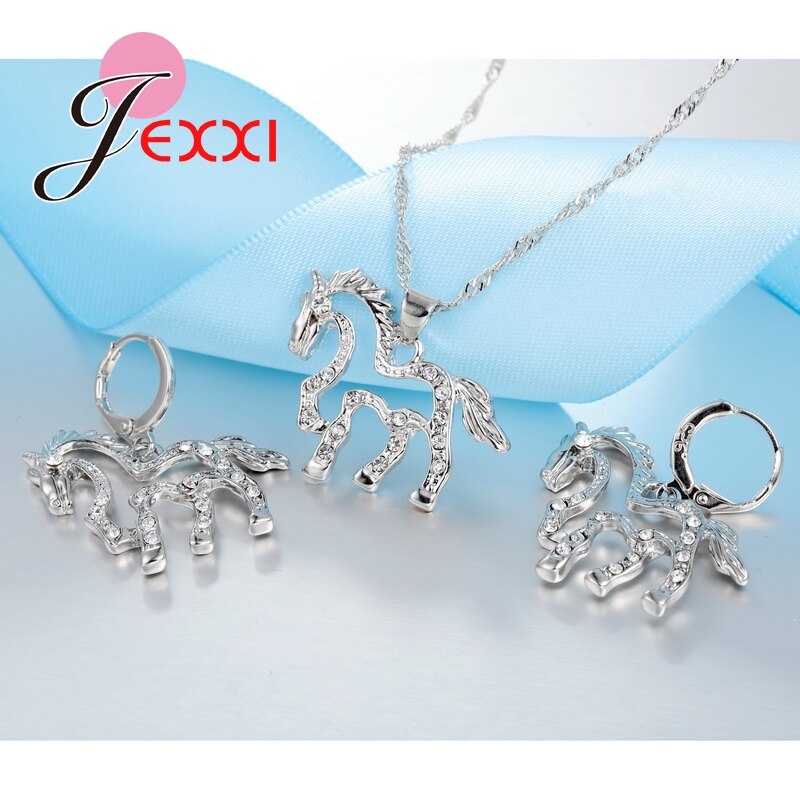 Rhinestone 925 Sterling Silver Bridal Jewelry Set For Women Horse Necklace Earring Set