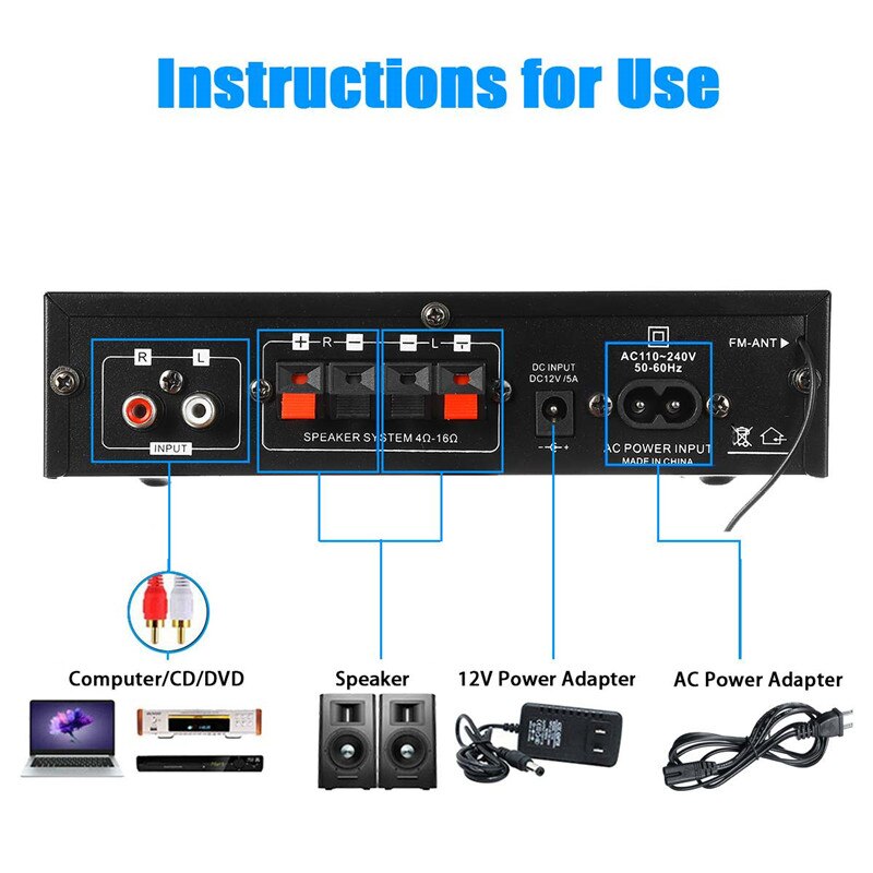 AK35 AK380 800W Domowe wzmacniacze mocy 2-kanałowy Bluetooth 5.0 Dźwięk przestrzenny FM USB Pilot zdalnego sterowania Mini wzmacniacz cyfrowy HIFI