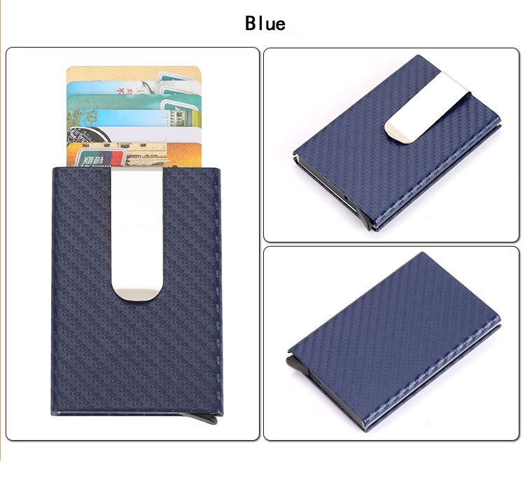 BISI GORO RFID fibra de carbono caja única cartera PU cuero Protector tarjeta de crédito titular Slim Card Case tarjetero hombre: X-2 Carbon Blue