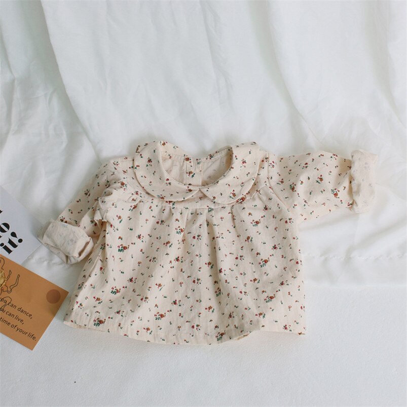 Sweet girls shirt Spring autumn cotton linen infant baby blouse long sleeve kids shirt for girls tops children floral outwear: beige / 24M