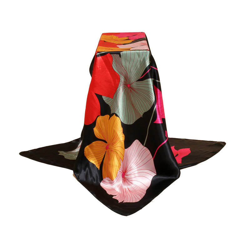 Vrouwen Vierkante Zijden Sjaals 90*90 Cm Dames Satijn Gedrukt Sjaal Herfst Winter Vrouwelijke Lotus leaf Sjaals: Black
